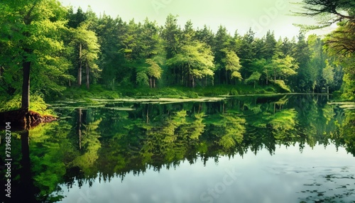 The green of the forest which is reflected in the surface of the water