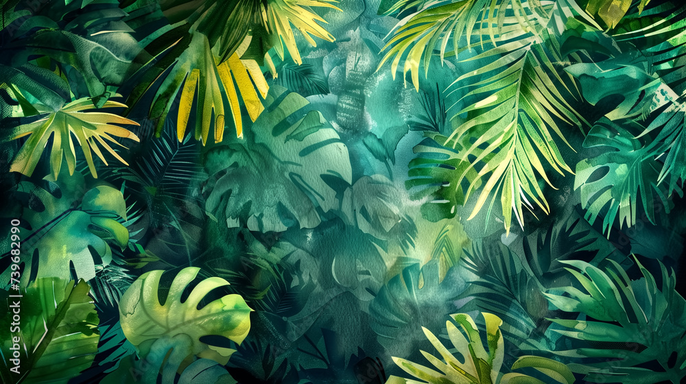 Watercolor pattern wallpaper. Painting of a tropical jungle land - obrazy, fototapety, plakaty 