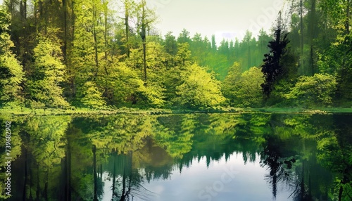 The green of the forest which is reflected in the surface of the water