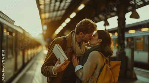 Couple kissing at train station, romantic goodbye, golden hour, love, affection. © Iona