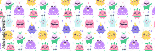 Baby cute seamless pattern with space elements on white background. Hand drawn flat cartoon style. Vector illustration