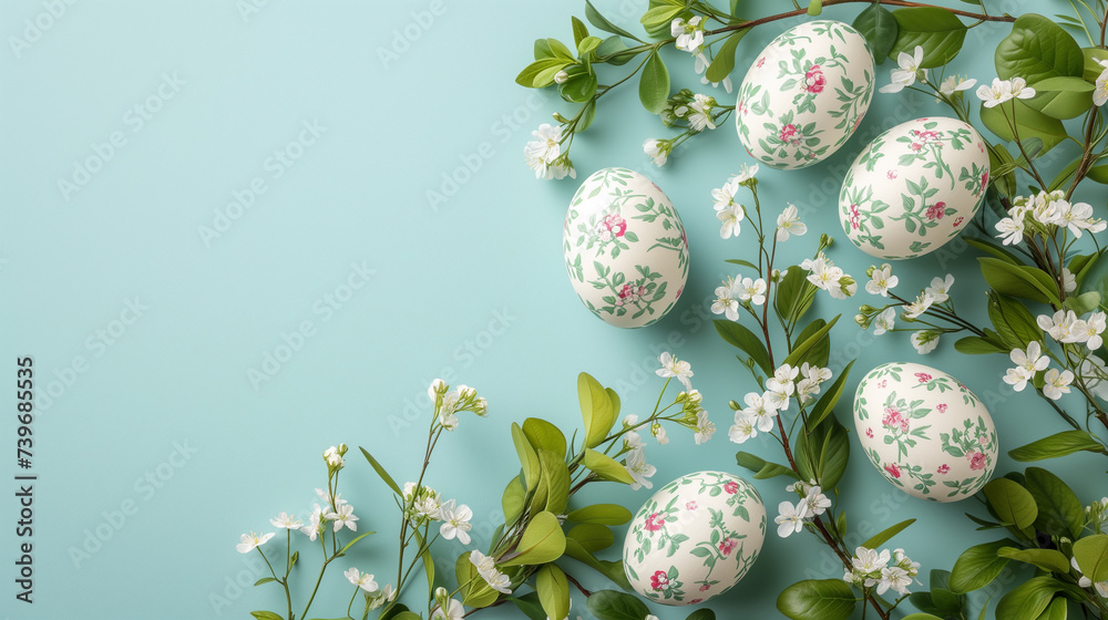Springtime elegance: floral-patterned easter eggs on pastel background