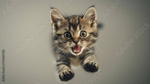 Little kitten with cute expression while flying on gray background. © RMTH