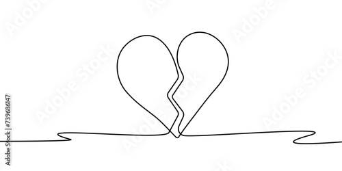 Broken Heart Continuous One Line Drawing. Heart is Broken One Line Minimal Art Drawing. Unhappy Love Concept Minimalist Linear Illustration. Vector EPS 10
