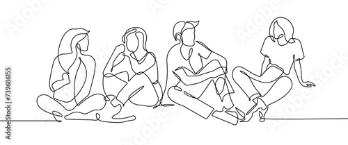 Friends Group Continuous One Line Drawing. People Talking Minimalistic Black Lines Drawing on White Background. Friends Group Line Art Abstract Drawing. Vector Illustration