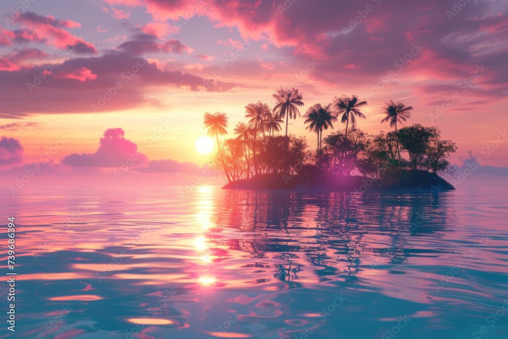 Tropical island in the ocean at sunset