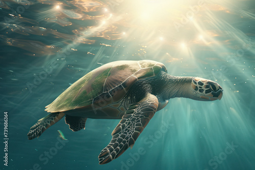 Sea turtle swimming in underwater scene with rays of light