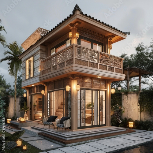 Tiny two floor timber frame house with single front doors and terrace with indonesia theme design real photo