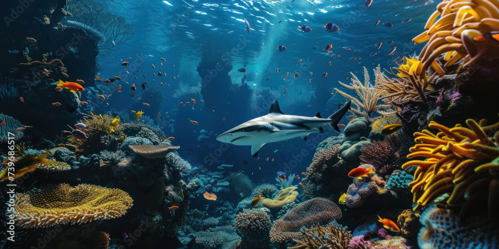 Fototapeta premium Coral reef and sharks scene underwater world