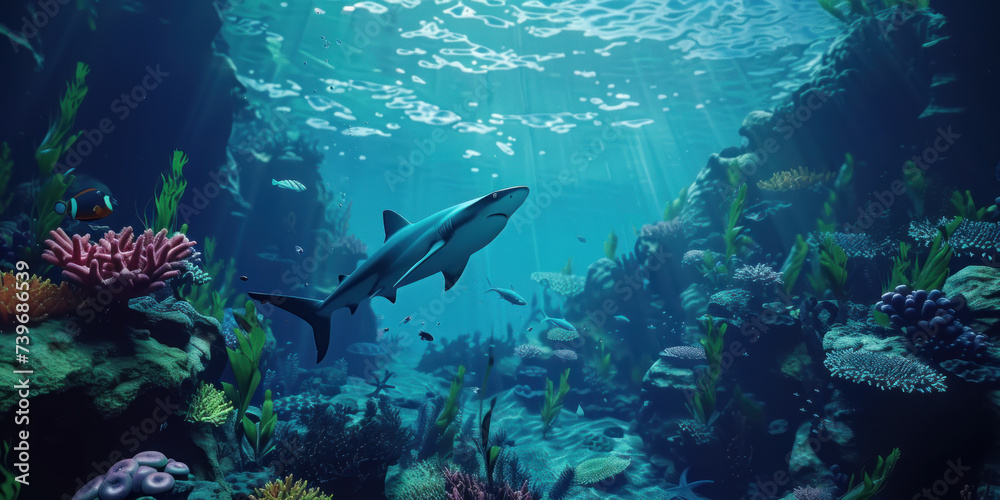 Fototapeta premium Coral reef and sharks scene underwater world