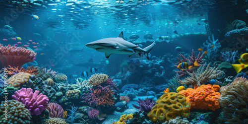 Coral reef and sharks scene underwater world
