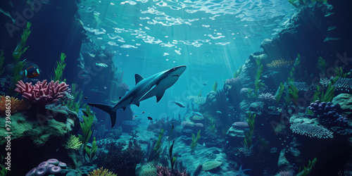 Coral reef and sharks scene underwater world