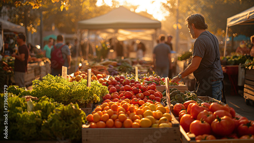 Bustling Outdoor Farmers Market at Sunset