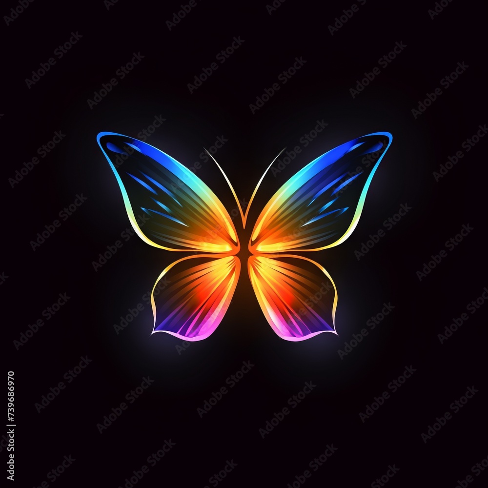 Obraz premium Butterfly Abstract Vibrant Neon Colorful Logo Design on Isolated Black Background - Graphic Design Element