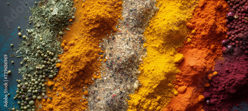 Vibrant close-up of colorful spices and herbs with dynamic lighting and textures