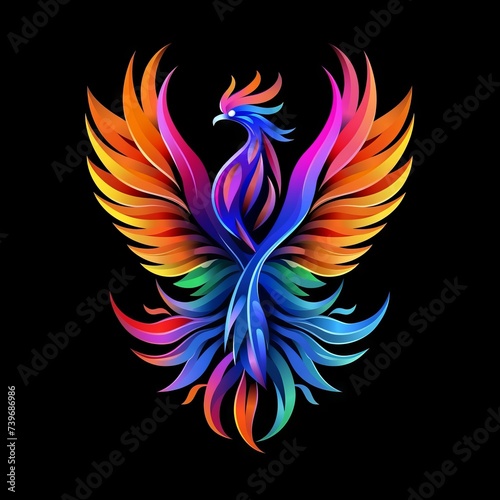 Phoenix / Fire Bird Abstract Vibrant Neon Colorful Logo Design on Isolated Black Background - Graphic Design Element