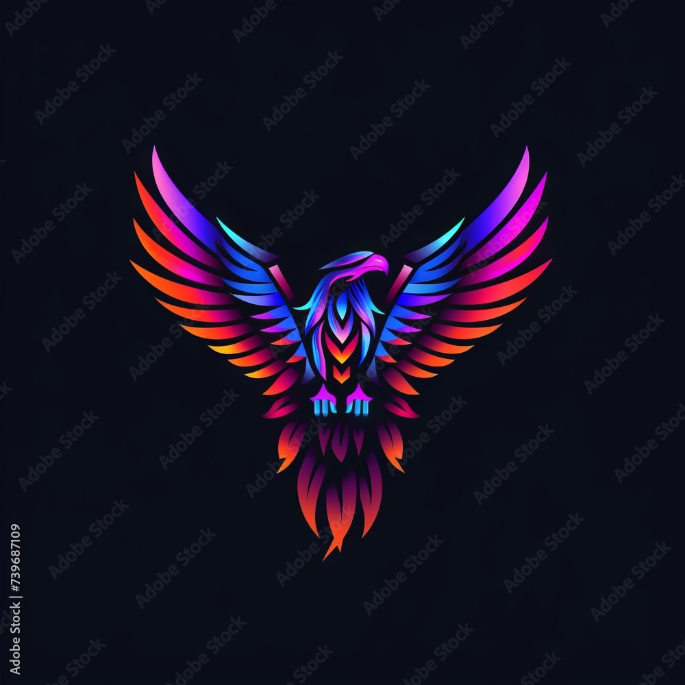 Obraz premium Phoenix Fire BIrd Abstract Vibrant Neon Colorful Logo Design on Isolated Black Background - Graphic Design Element