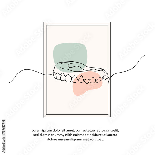 One line dental care clinic poster drawing with frame. Abstract minimal continuous line wall decor.
