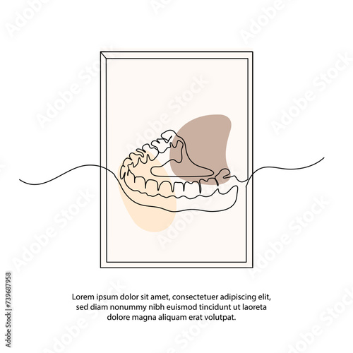 One line dental care clinic poster drawing with frame. Abstract minimal continuous line wall decor.