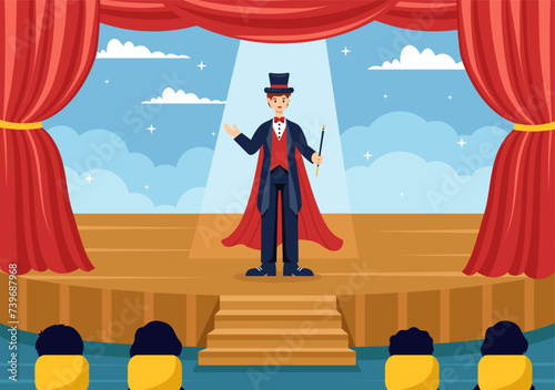 Magician Vector Illustration with Illusionist Conjuring Tricks and Waving a Magic Wand above his Mysterious Hat on a Stage in Flat Cartoon Background