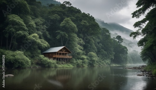 a cabin sits on the banks of a river surrounded by trees, green forested hills. Generative AI. © zax