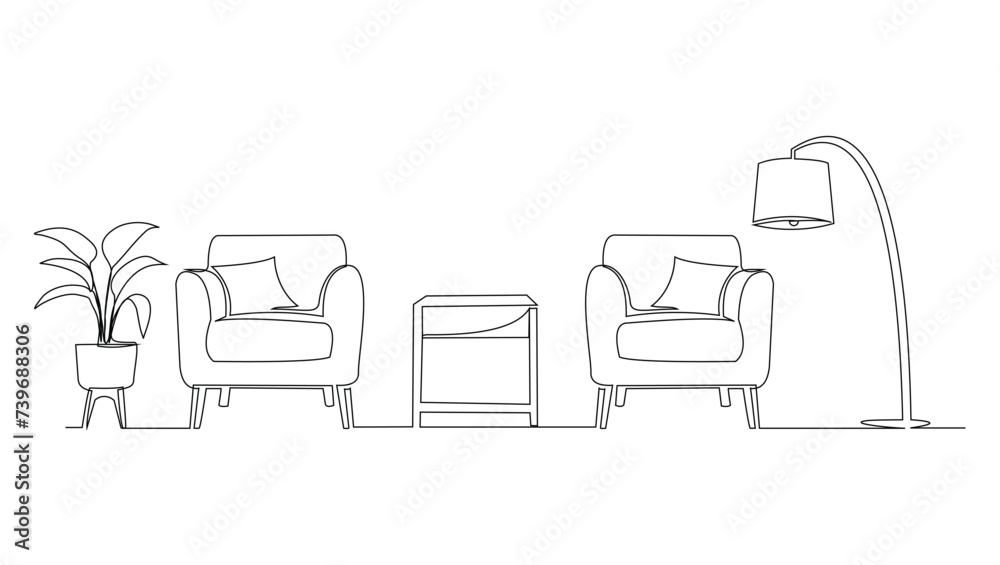 Continuous single line armchair, plant, floor lamp and table. One line drawing of Living room with modern furniture vector illustration Continuous single line armchair, plant, floor lamp and table. One line drawing of Living room with modern furniture vector illustration