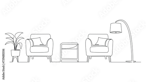 Continuous single line armchair, plant, floor lamp and table. One line drawing of Living room with modern furniture vector illustration