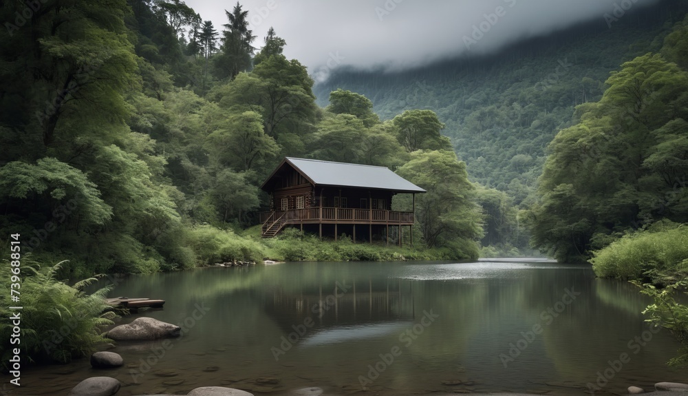 a cabin sits on the banks of a river surrounded by trees, green forested hills. Generative AI.