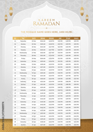 Ramadan Kareem Hijri Islamic Monthly Calendar Template Design