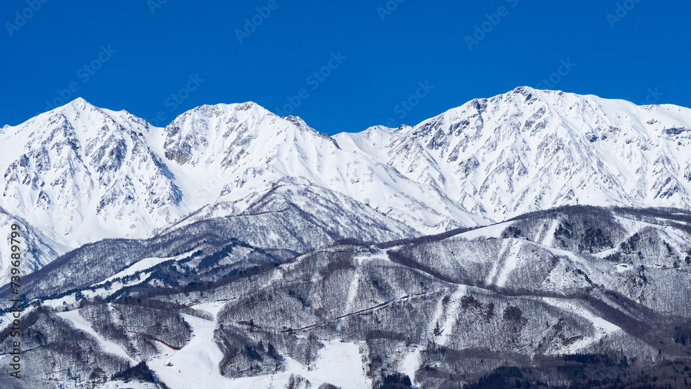 冬の白馬村　冠雪した北アルプス　白馬三山