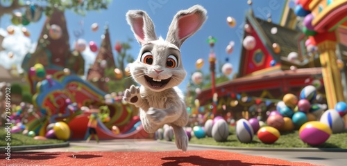 A gleeful Easter bunny racing with laughter towards the Easter festivities, the dynamic scene vividly depicted in high definition with a burst of cheerful colors.