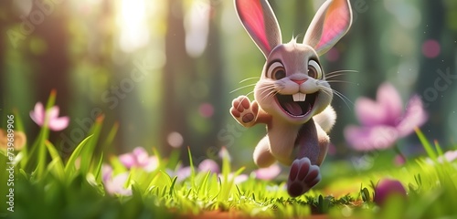 A jubilant Easter hare energetically rushing towards the Easter festivities, the lively moment beautifully captured in high definition with vibrant colors and laughter.