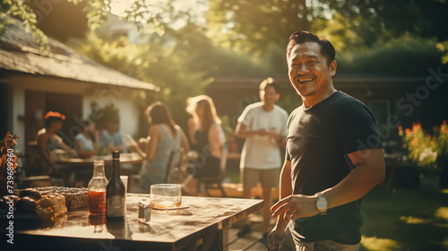 An Asian man in a t-shirt in his forties, drinks a cocktail together with friends, near the grill of a beautiful country house on a sunny day, Party in the garden