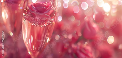 A visually stunning close-up of pink rose champagne glasses their delicate beauty emphasized against a background of soft bokeh lights creating a sophisticated and captivating image in high definition