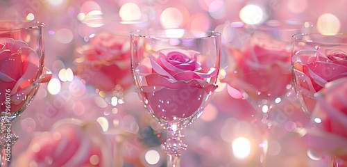 A visually stunning close-up of pink rose champagne glasses their delicate beauty emphasized against a background of soft bokeh lights creating a sophisticated and captivating image in high definition