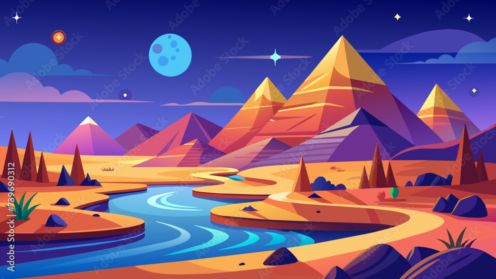 Egyptian Desert River Pyramids Night