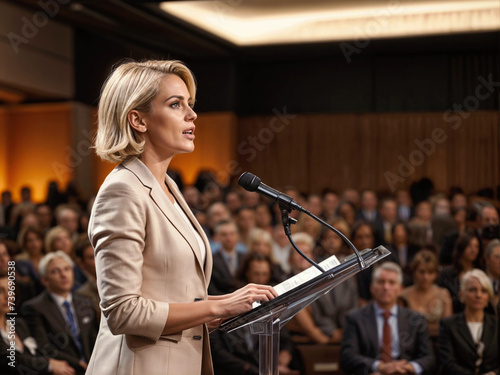 Woman speaker giving speech at a corporate business conference or entrepreneur seminar in hall full of people