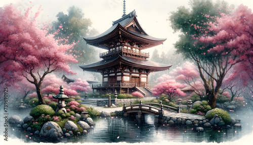 a traditional Japanese scene, featuring an ancient wooden pagoda nestled in a serene garden