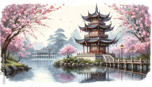 a traditional East Asian pagoda beside a serene lake, surrounded by blossoming cherry trees in a watercolor style. The pagoda should be intricately designed, with multiple eaves and wooden structures