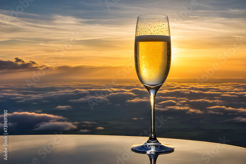 A champagne glass  empty yet gleaming with anticipation  suspended ethereally among diaphanous clouds  backlit by the soft  golden hues of a setting sun. Generative AI