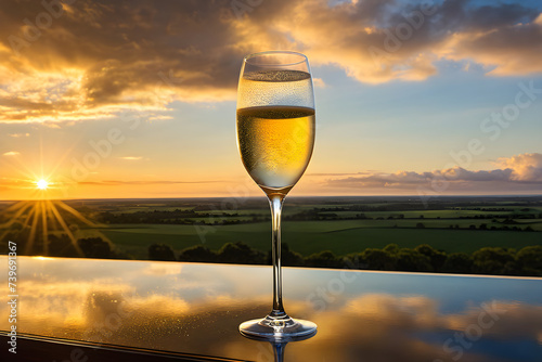 A champagne glass  empty yet gleaming with anticipation  suspended ethereally among diaphanous clouds  backlit by the soft  golden hues of a setting sun. Generative AI