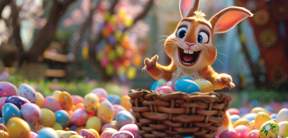 A cheerful Easter bunny racing with laughter towards the Easter celebration, the vibrant colors and joy captured with the clarity of an HD camera.