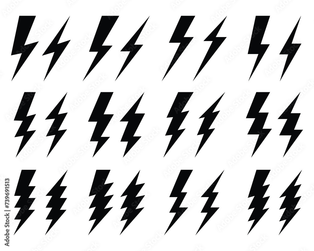 Black icons of thunder lighting on a white background