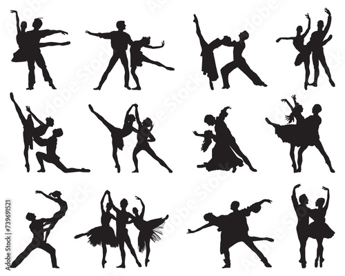 Black silhouettes of ballet couples on white background