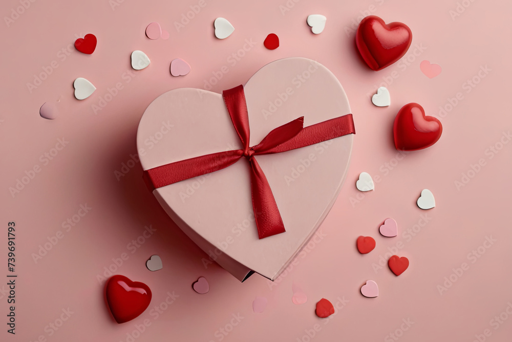 Elevate your Valentine's or Mother's Day greetings with a festive composition featuring gift boxes and red hearts on pastel pink background. Top view flat lay greeting card.