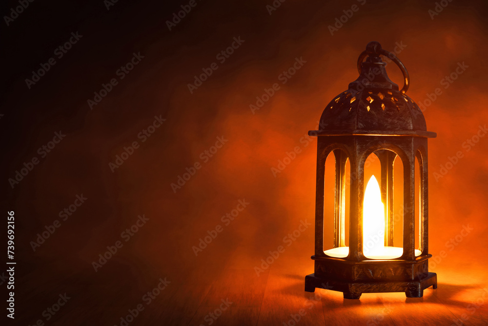 Shiny arabic lantern on wooden floor at night, Ramadan kareem background Shiny arabic lantern on wooden floor at night, Ramadan kareem background
