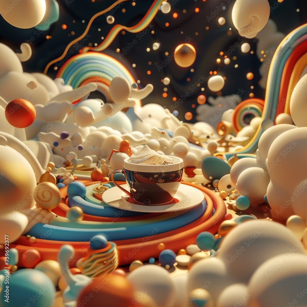 Futuristic 3D abstract coffee universe cartoon animals exploring cool and sharp visuals immersive