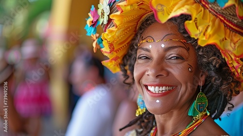 A woman from Colombia dancing during a street carnival in Cartagena, Colombia; Latin American and Caribbean culture.