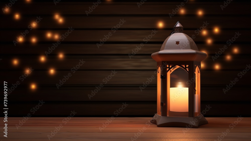 Blank Wooden Tabletop with Light Lantern for Decoration

