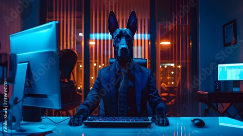 Black doberman Dog at Night Working on Computer in Cyberpunk Style photo